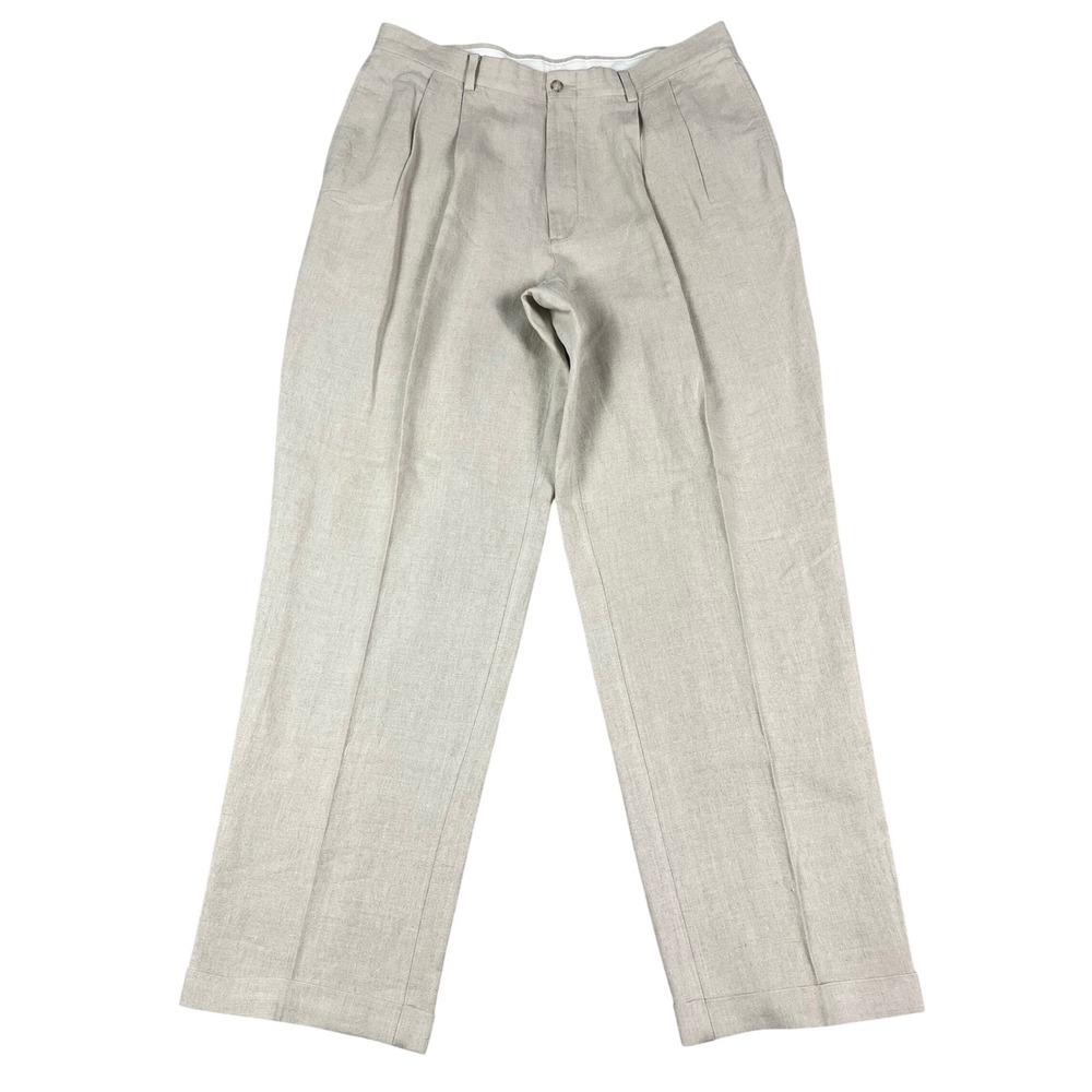 Turnbury Men Linen Pleated Dress Pants Trousers 37x31.5* Tan Cuffed Straight Leg